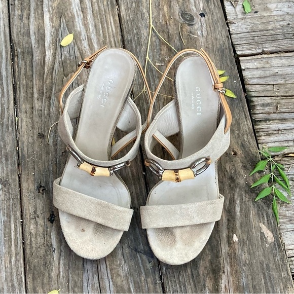 Gucci Sandals Horsebit Miss Bamboo Beige Tan Heels rare ICONIC Rafia and Leather - Picture 3 of 13